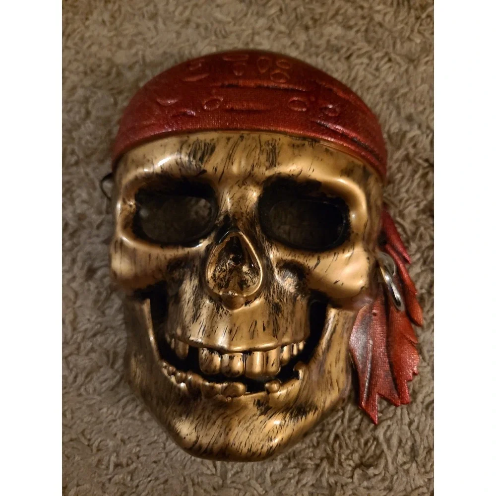 Caribbean Pirate Skull Halloween Mask Costume Accessory Red Bandana Gold Plastic